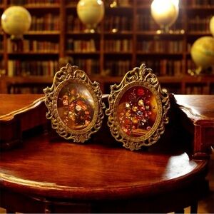 Vintage set of 2 Picture In Metal Frame Oval Flowers In Vase made in Italy